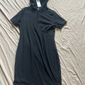 Black Hooded Dress with Buttons